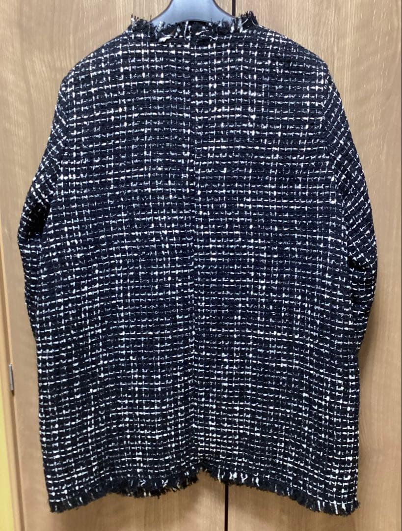 美品　ICB ロービングツイード ノーカラージャケット　ブラック×オフホワイト系