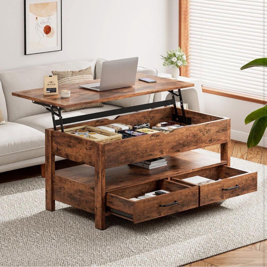 ローテーブル 昇降式 木製 コーヒーテーブル 引き出し付き 収納付き センター