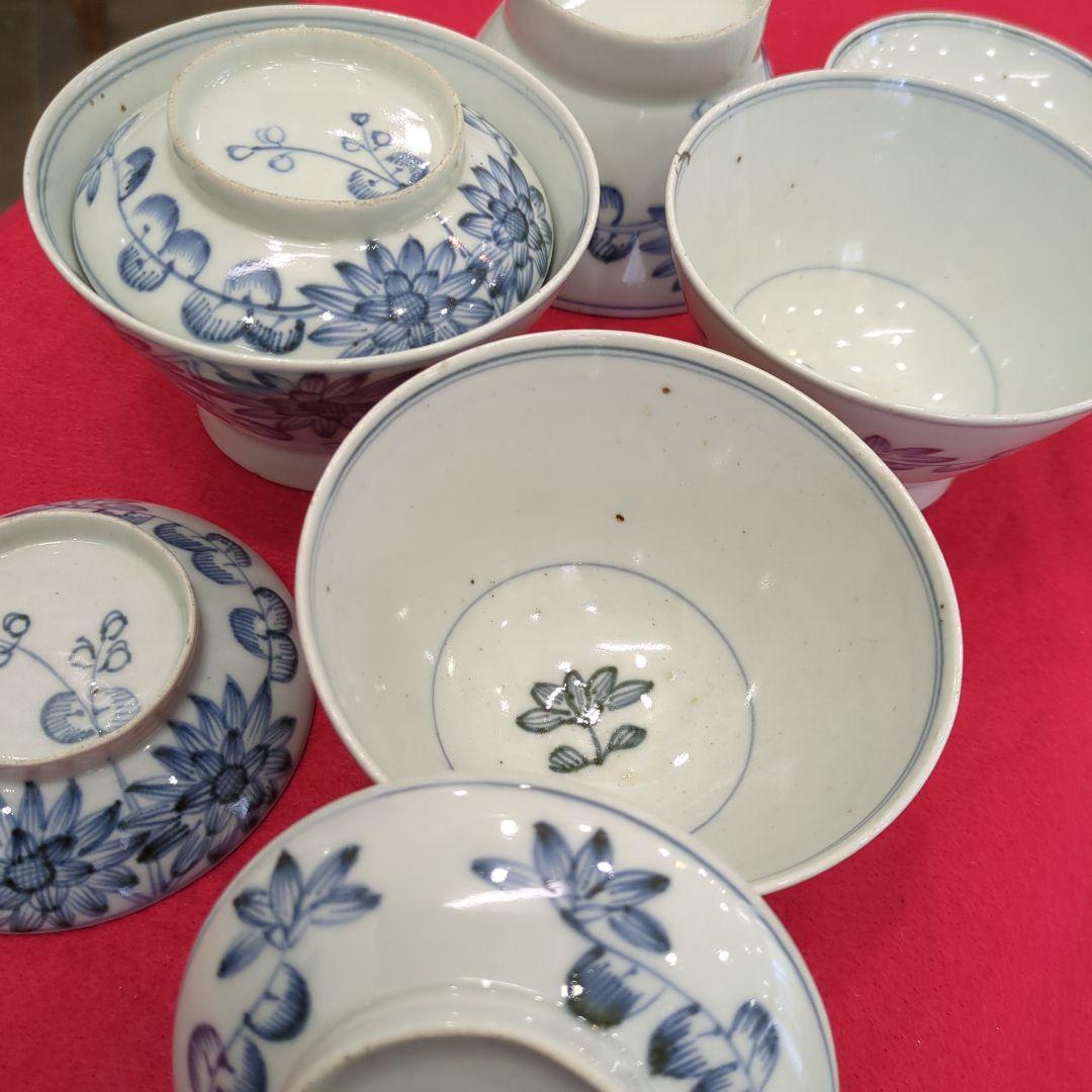 骨董　古伊万里　染め付け　蓋付き碗　煮物碗　飯碗　4つ