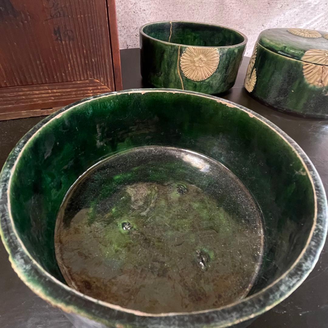 陶器　三段重　アンティーク　骨董品　貫入　金継ぎ　焼物　蓋物
