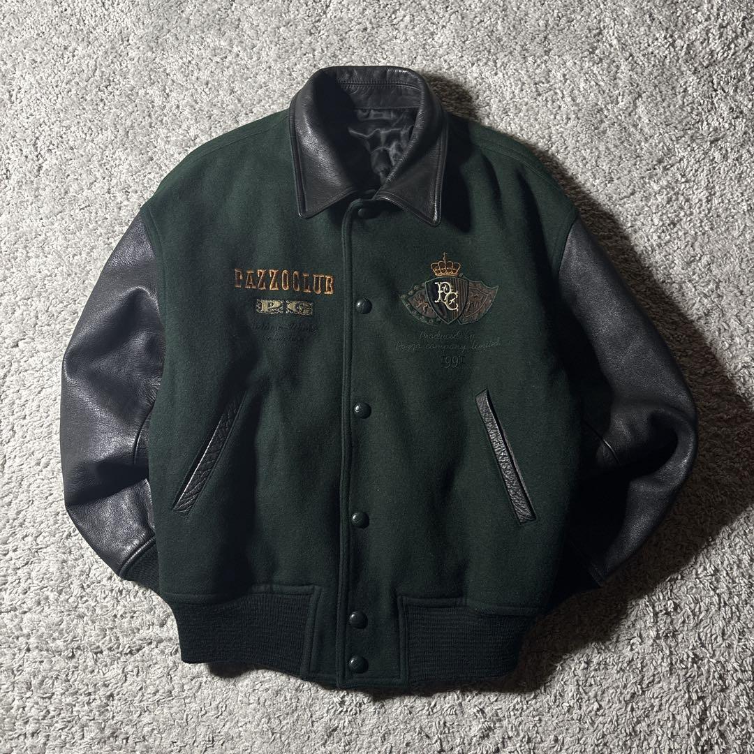 パッゾ　PAZZO スタジャン　レザー　両面刺繍　グリーン　ユニセックス　古着