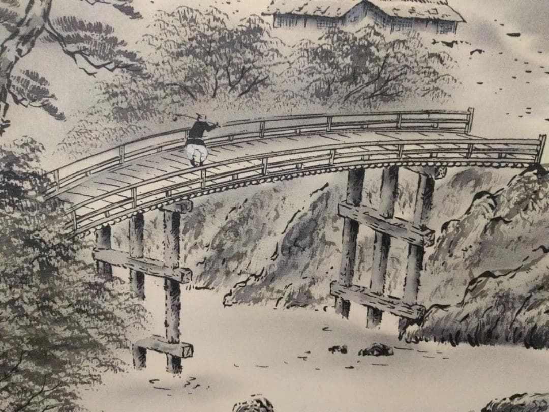 掛軸 秀峰『水墨山水図』日本画 絹本 肉筆 共箱付 良好品 掛け軸 k03031