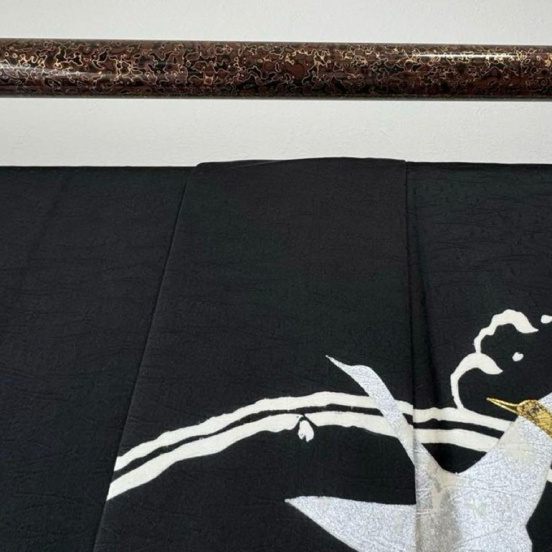 超美品　訪問着　袷　正絹　着物　黒　刺繍　金　銀　161裄63 現代　鶴