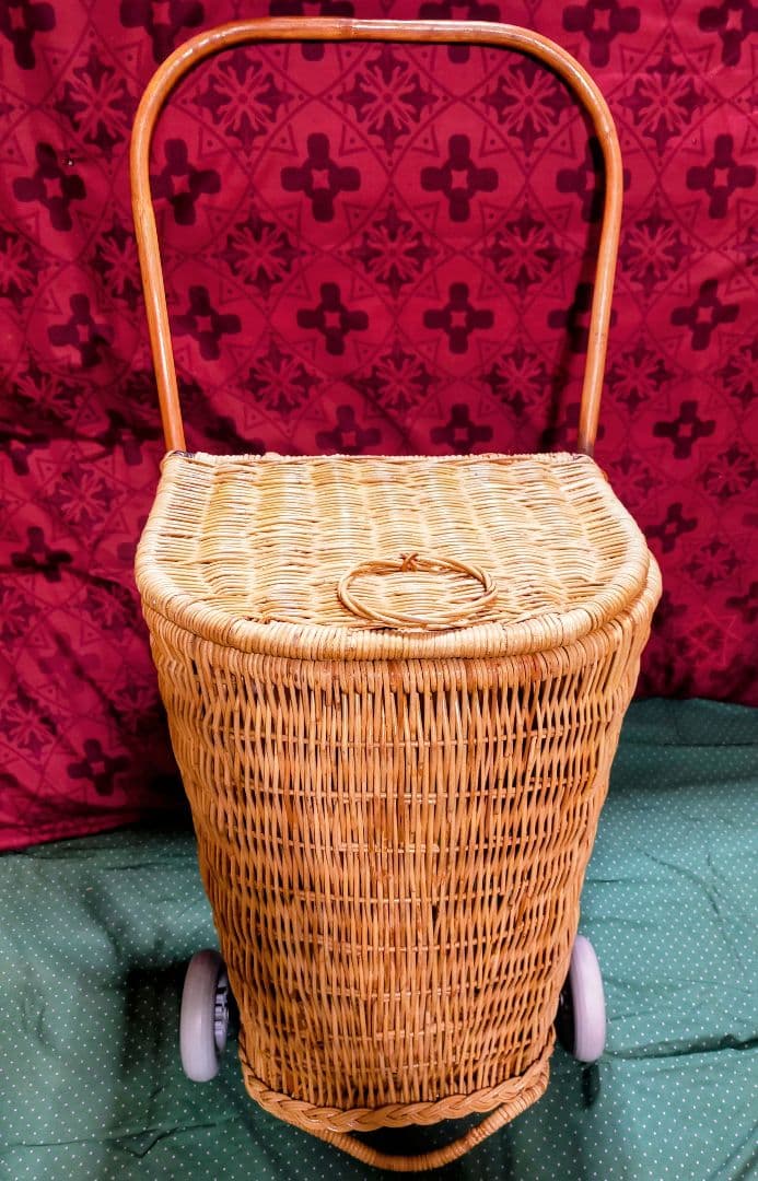 アンティーク ラタン 籐 キャリーバスケット キャリーバッグ カート