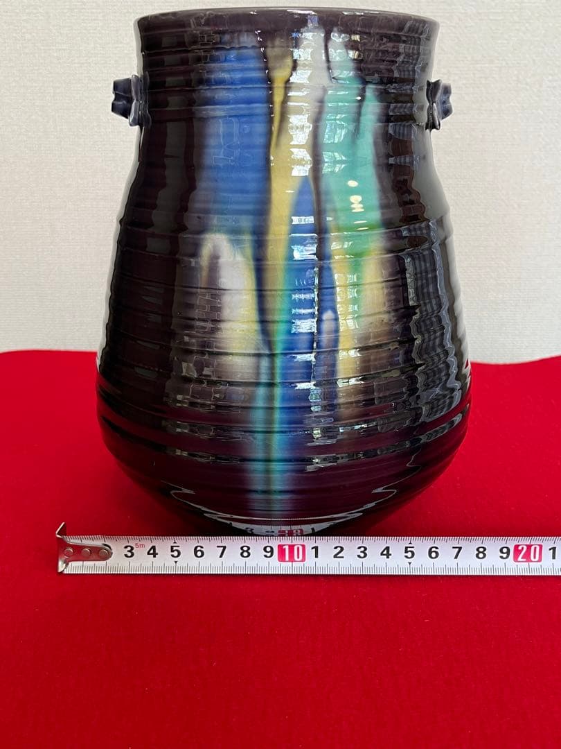 【大型】人間国宝 徳田八十吉  (正彦銘) 彩釉 耳付き 花瓶 管理T201