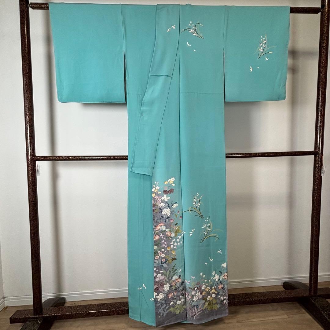 超美品　訪問着　作家物　現代　着物　160 手書き友禅　水浅葱　水色　グレー