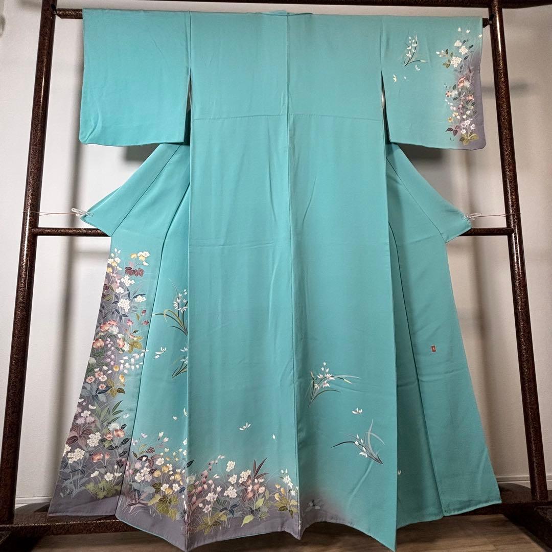 超美品　訪問着　作家物　現代　着物　160 手書き友禅　水浅葱　水色　グレー