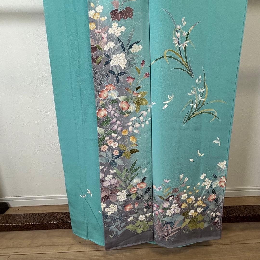 超美品　訪問着　作家物　現代　着物　160 手書き友禅　水浅葱　水色　グレー