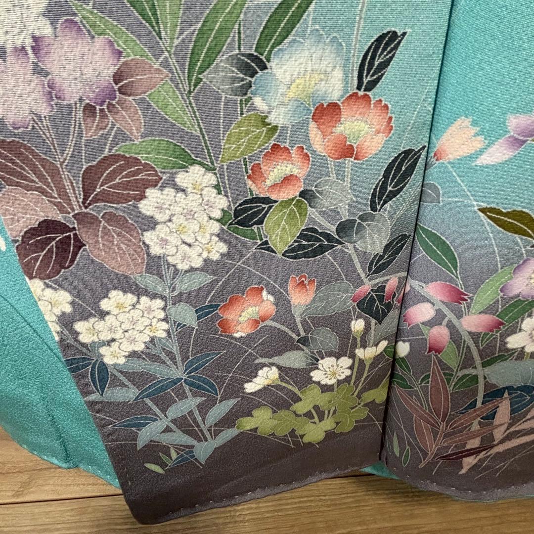 超美品　訪問着　作家物　現代　着物　160 手書き友禅　水浅葱　水色　グレー