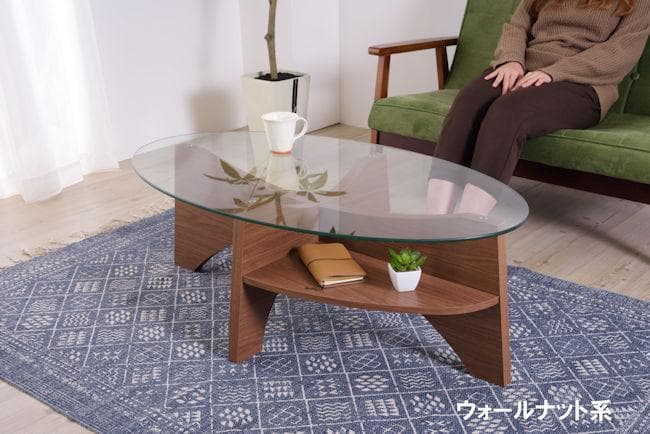 ガラス天板棚付オーバルテーブル幅105cmローテーブル ガラステーブル（223）