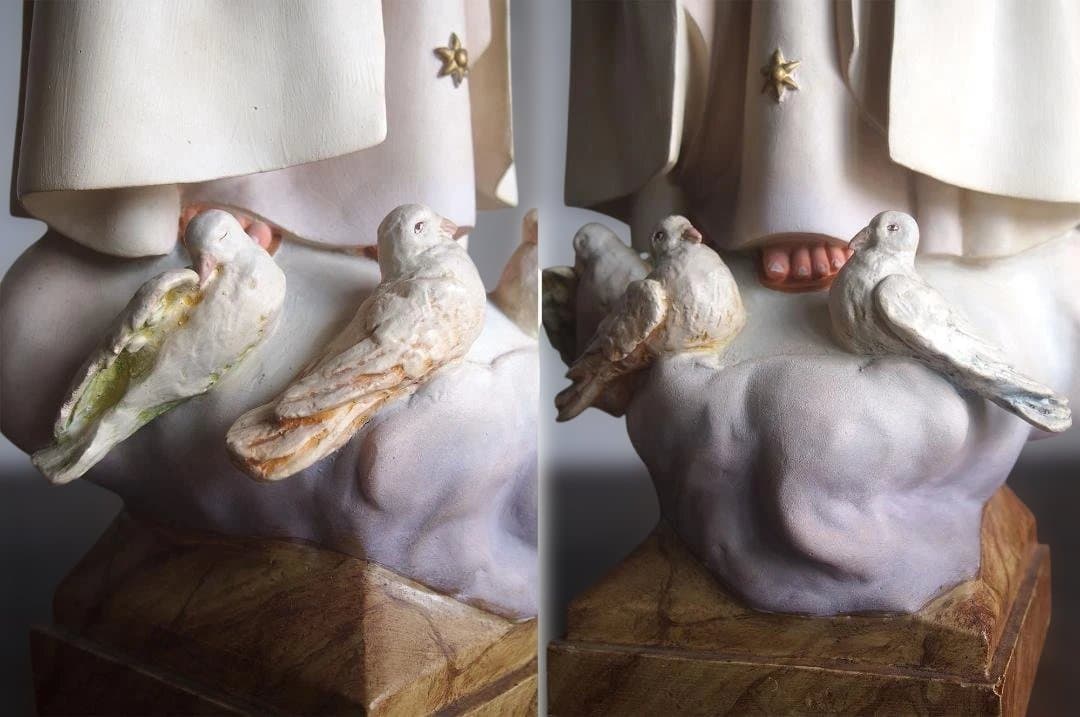 白いローブのファティマの聖母マリア像 グラスアイ69cm 宗教彫刻/K149