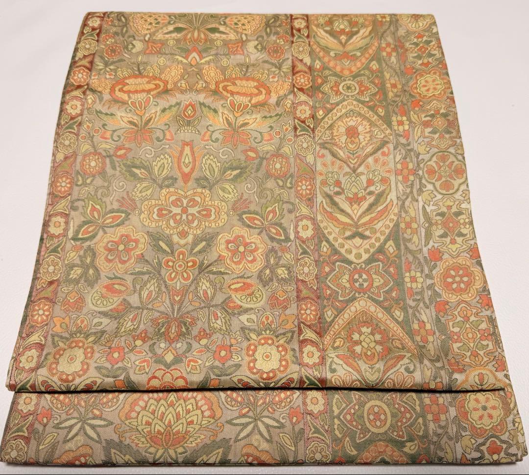 高級 袋帯 正絹 六通柄 更紗花文 オレンジ 洒落帯 シャレ帯 小紋 訪問着