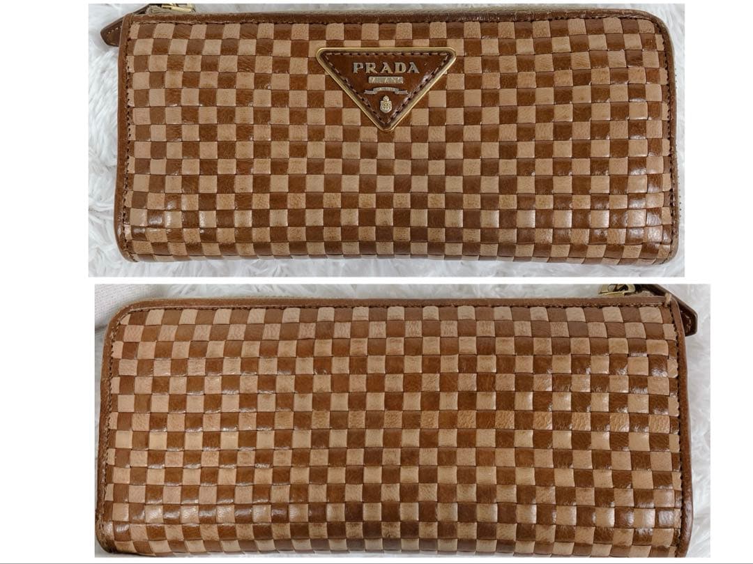 おやじ プラダ 編み込み イントレチャート レザー L字ファスナー