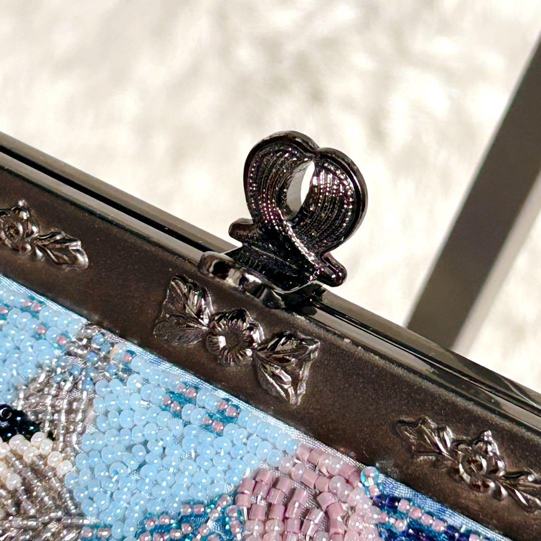 ビーズバッグ ハンドバッグ 手刺繍 葉っぱ 和装 レトロ ヴィンテージ ブルー