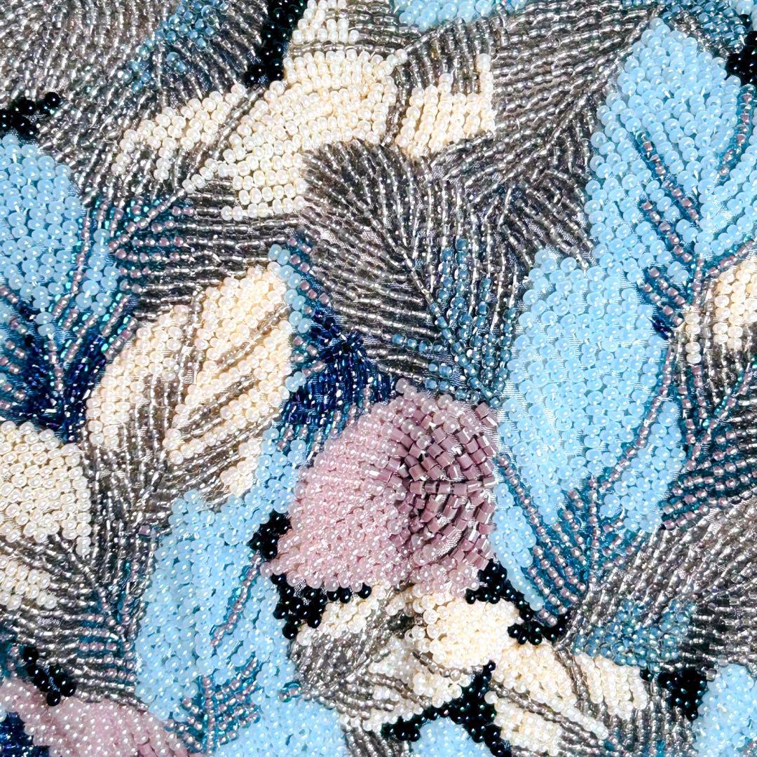 ビーズバッグ ハンドバッグ 手刺繍 葉っぱ 和装 レトロ ヴィンテージ ブルー