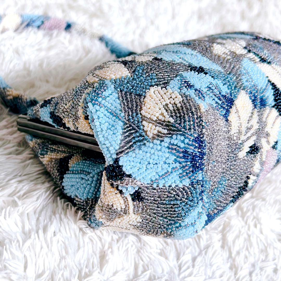 ビーズバッグ ハンドバッグ 手刺繍 葉っぱ 和装 レトロ ヴィンテージ ブルー