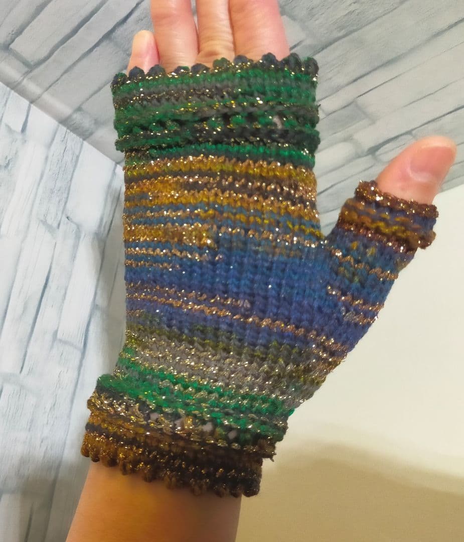 うさぴょん　7点セット　ハンドウォーマー　糸めぐり　青緑ラメ①406手編み