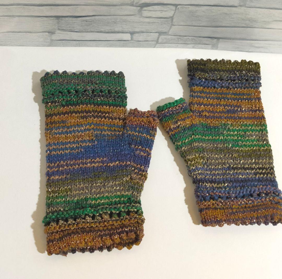 うさぴょん　7点セット　ハンドウォーマー　糸めぐり　青緑ラメ①406手編み