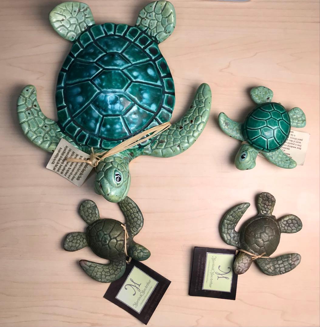 ハワイ島 ウミガメ オブジェ 陶器製 4本