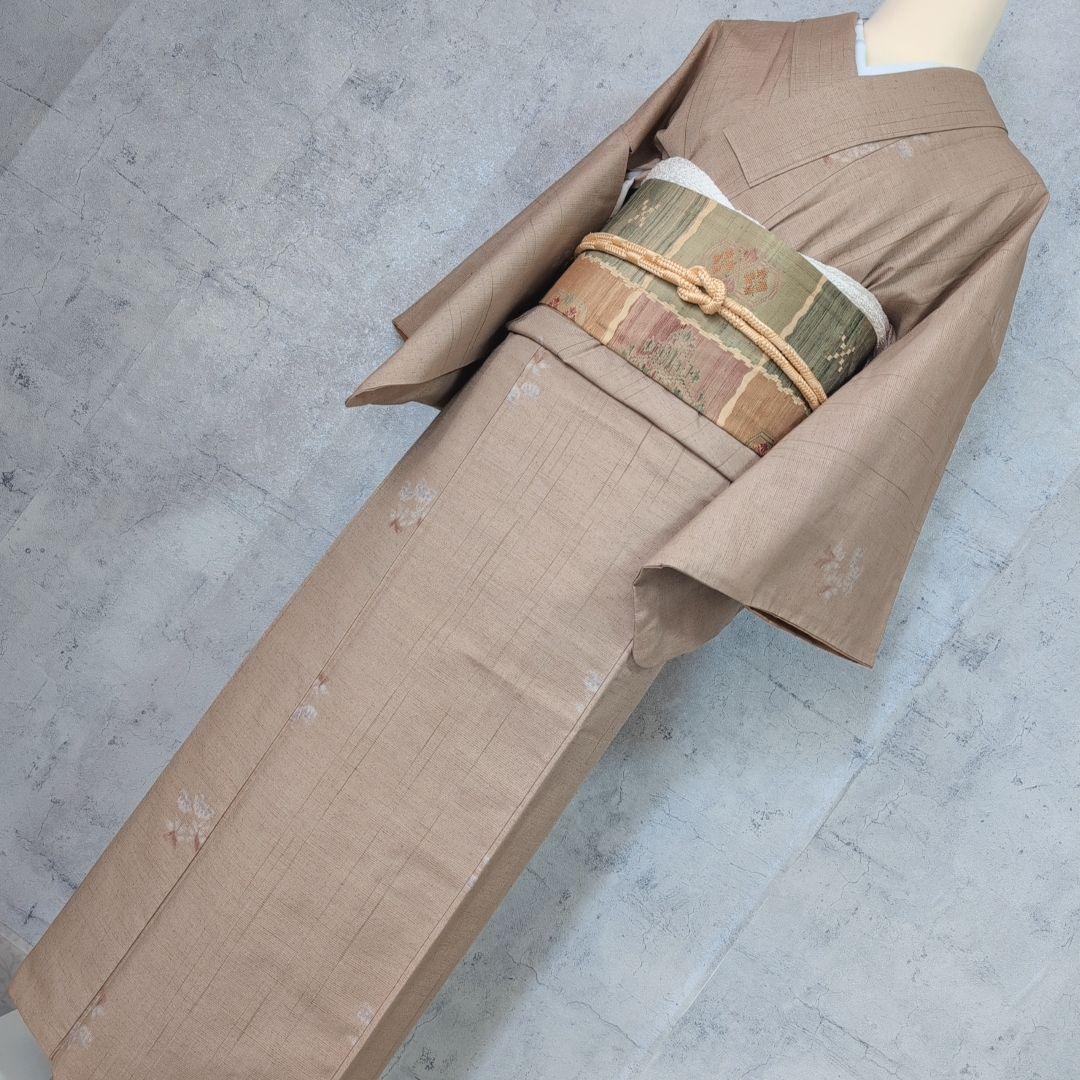 紬　フルセット　小紋　着物　正絹　ブラウンベージュ　着物生活　O8