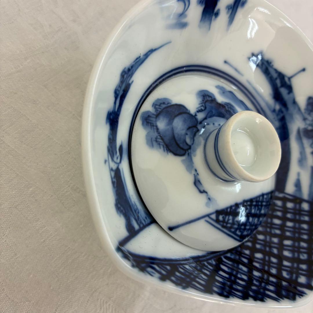 肥前皿山 三彩作 染付山水画 小蓋丼 蓋付高杯 染付の蓋椀 5客