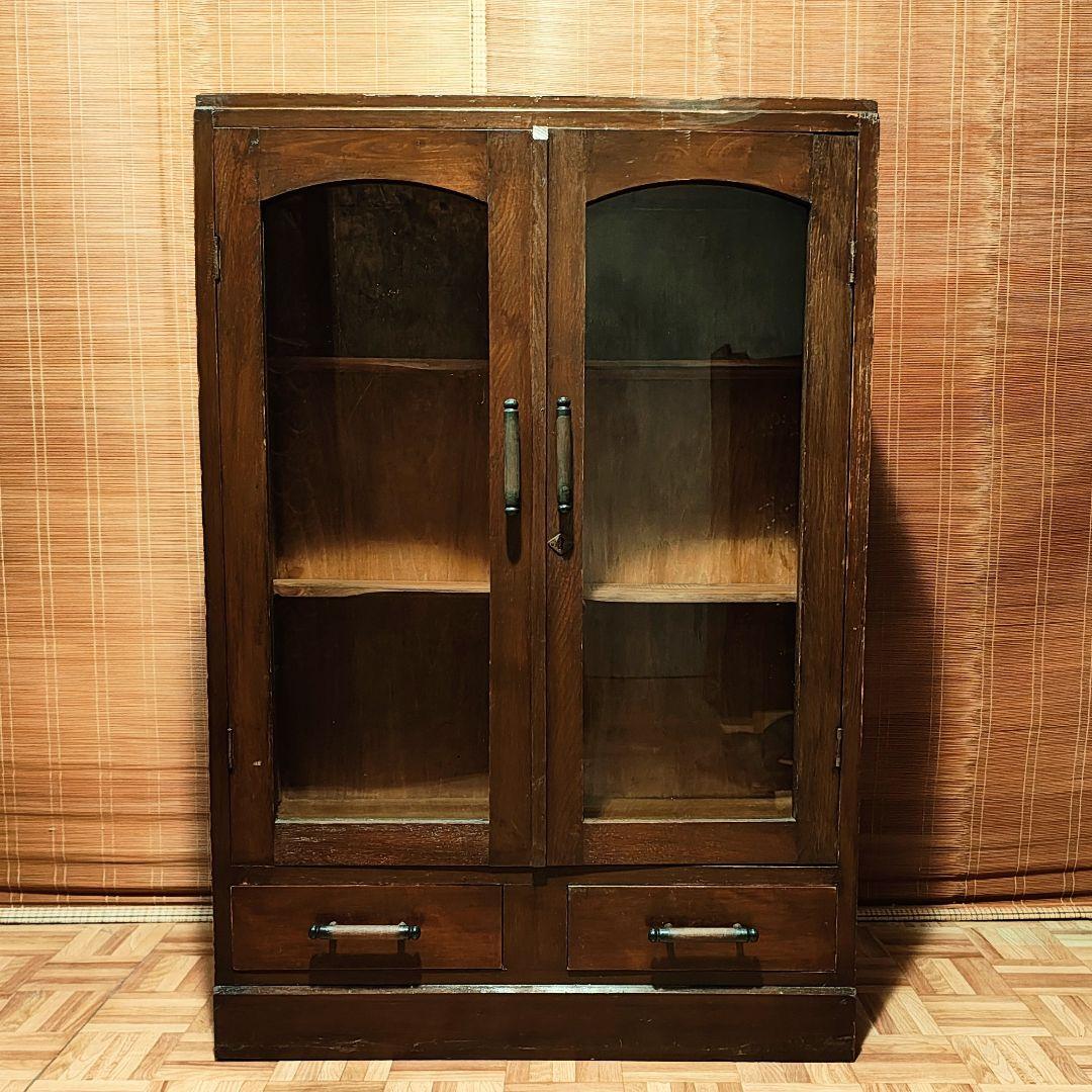 ガラス扉の本棚　食器棚　昭和レトロ　古家具