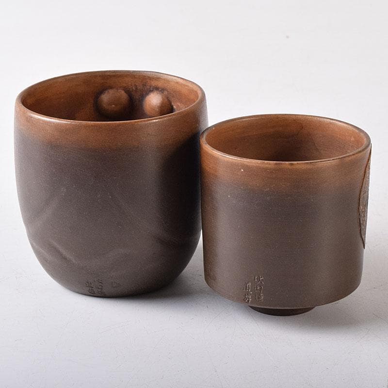 煎茶道具　秋田焼　奥田道遊造　からくり　蛙急須　だるま湯呑　3点　M　7679