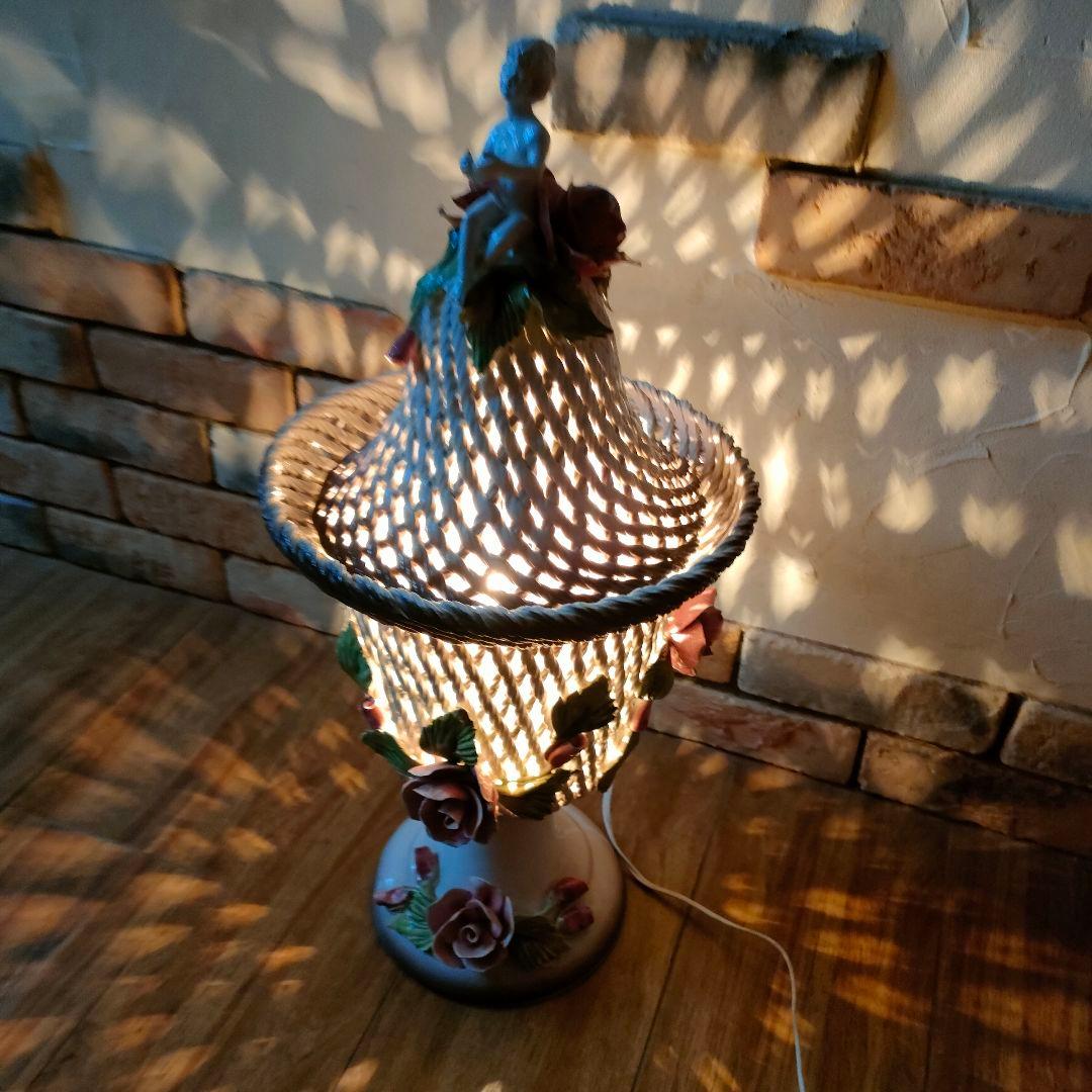 希少 激レア アールヌーヴォー アンティークランプ 陶器 エンジェル 天使 薔薇