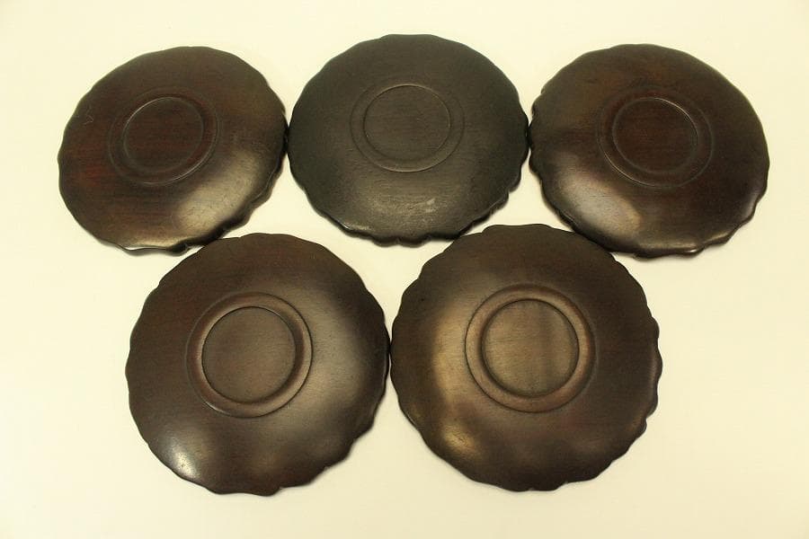 紫檀 刻 雲鶴皿 五客 細密彫刻(A758)