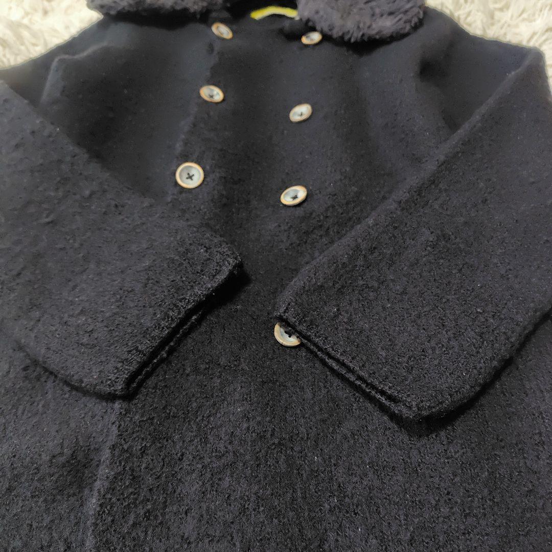 【美品♡人気縮絨ウール】45R　ベルテッドダブルボタンコート　黒　襟取り外し可