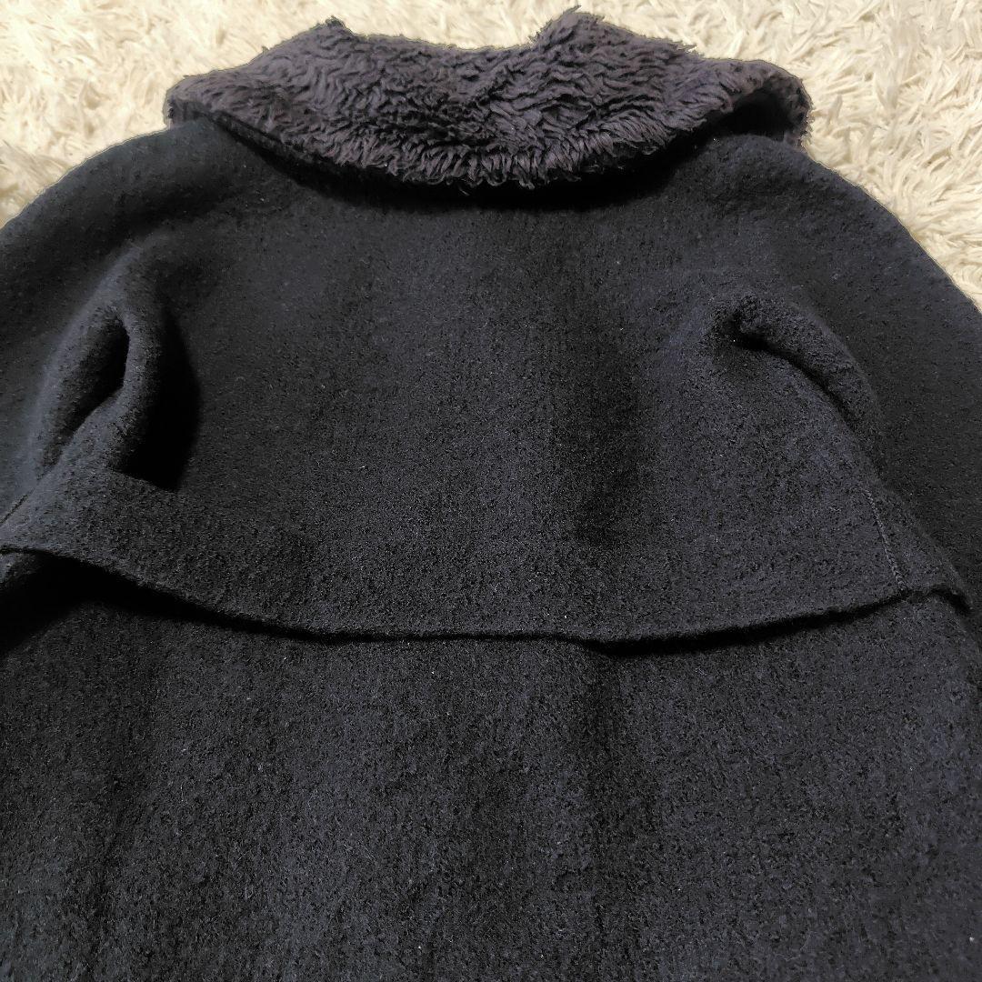 【美品♡人気縮絨ウール】45R　ベルテッドダブルボタンコート　黒　襟取り外し可