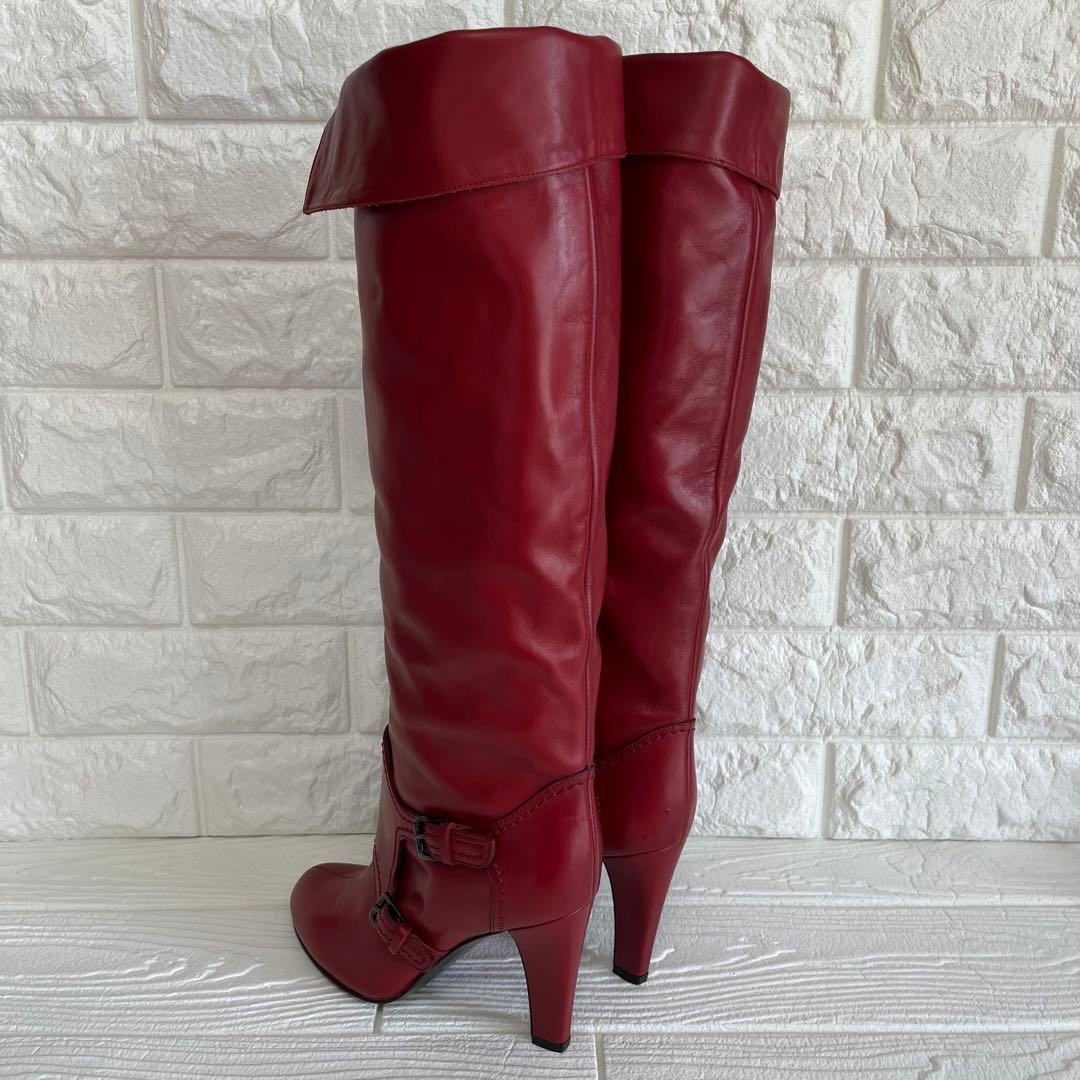 【極美品】Sergio rossiレッド 本革ロング ブーツ 22.5ベルト装飾