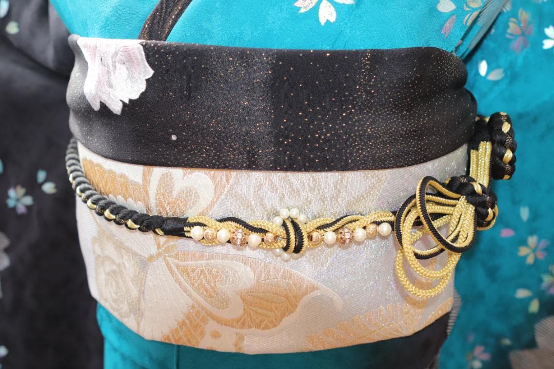 振袖フルセット ターコイズブルー×黒 粋 モダン 大輪花 成人式