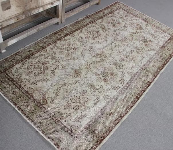 トルコヴィンテージラグ A93 レア クリーム グリーン ブラウン ピンク