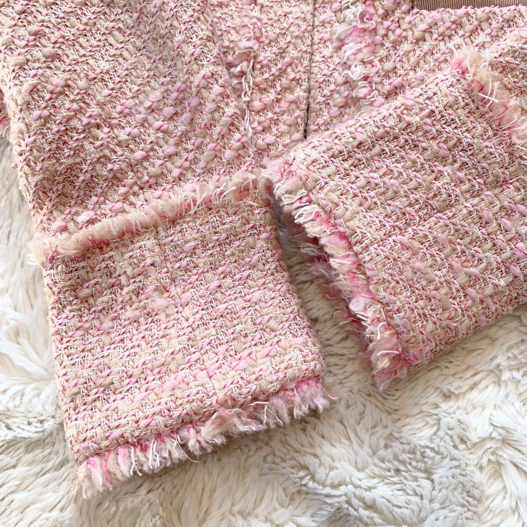 PINKO ピンコ　ツイード　ビジュー　ノーカラー　ジャケット　ピンク　M相当