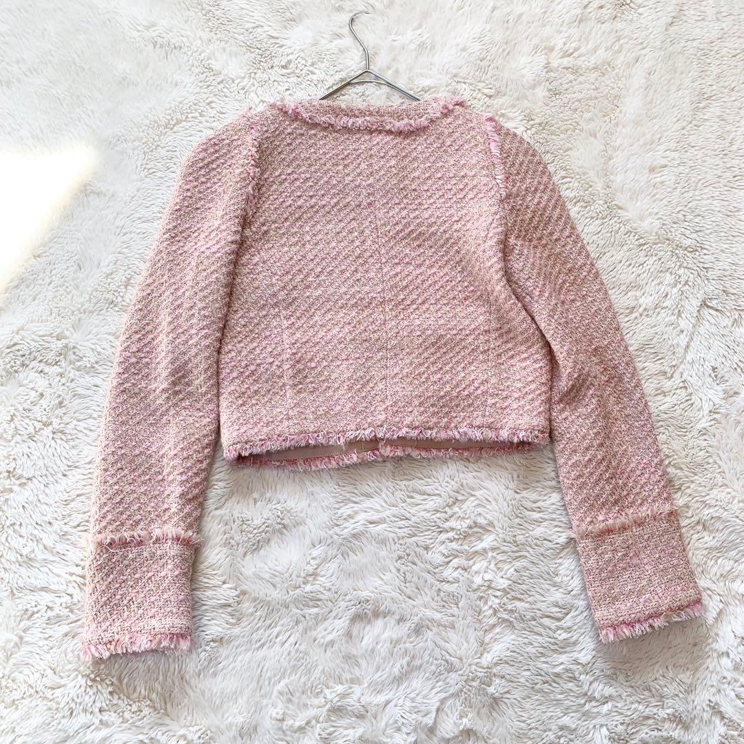 PINKO ピンコ　ツイード　ビジュー　ノーカラー　ジャケット　ピンク　M相当