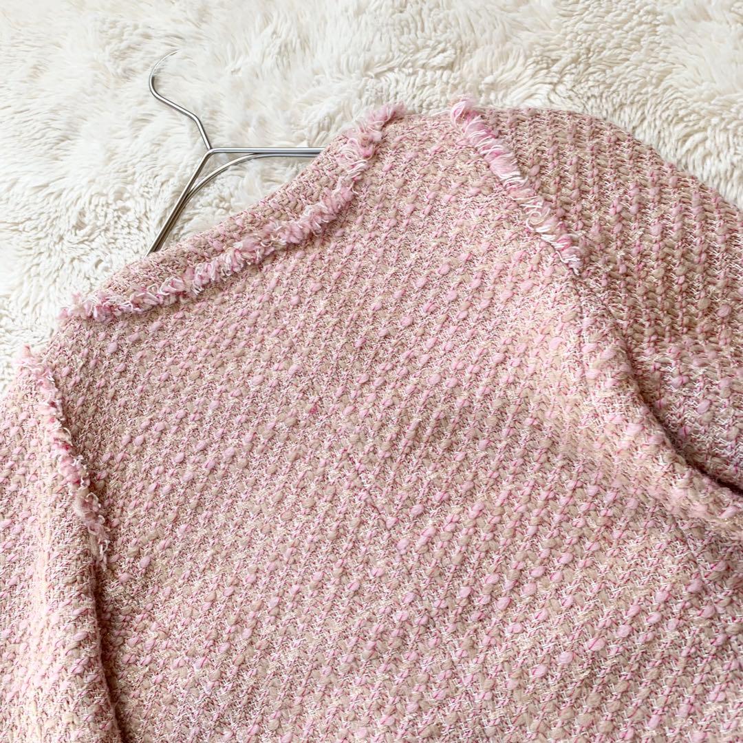 PINKO ピンコ　ツイード　ビジュー　ノーカラー　ジャケット　ピンク　M相当