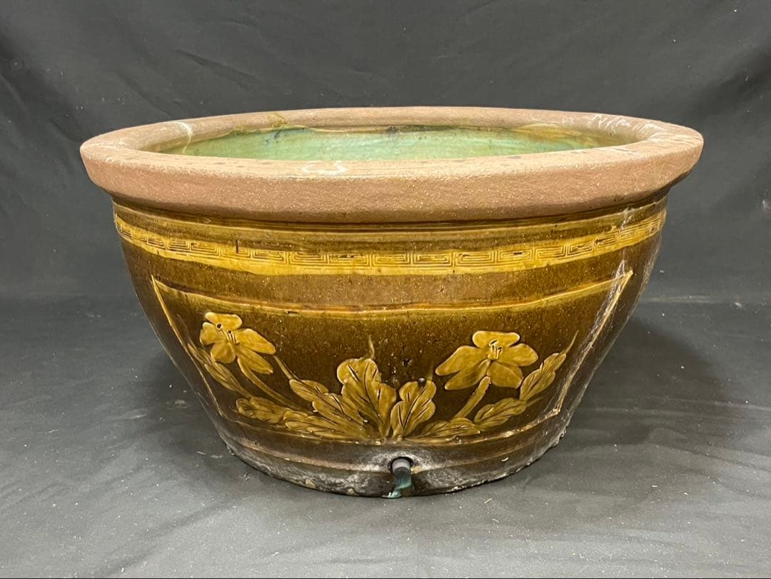 中国美術 睡蓮鉢 花鳥図 ピータン 金魚鉢 メダカ鉢 陶器 大型 楕円形