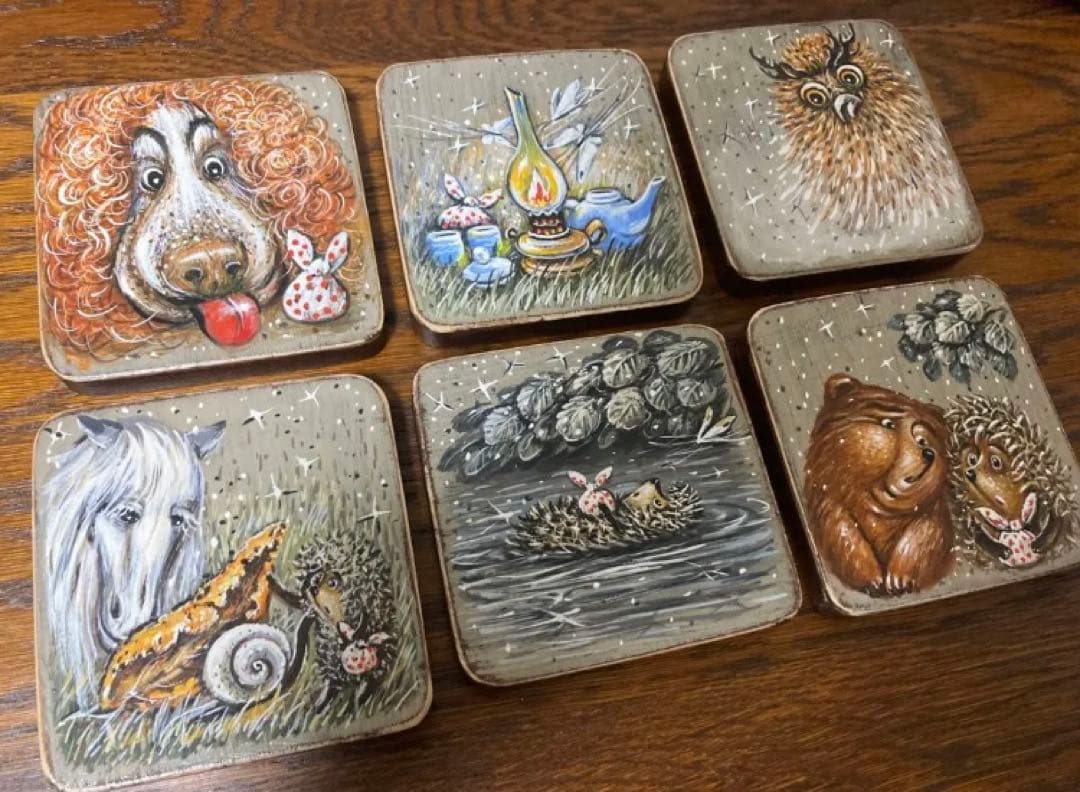 ロシア雑貨☆『霧の中のハリネズミ』コースター6枚&専用Boxマトリョーシカ
