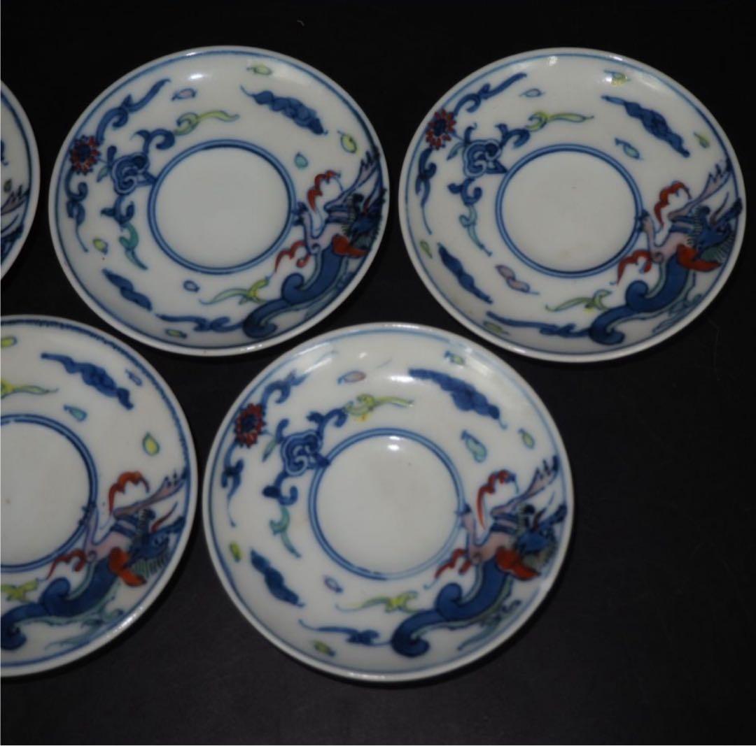 送料無料　大正～昭和初期　瑞光造　豆彩龍文煎茶碗5客