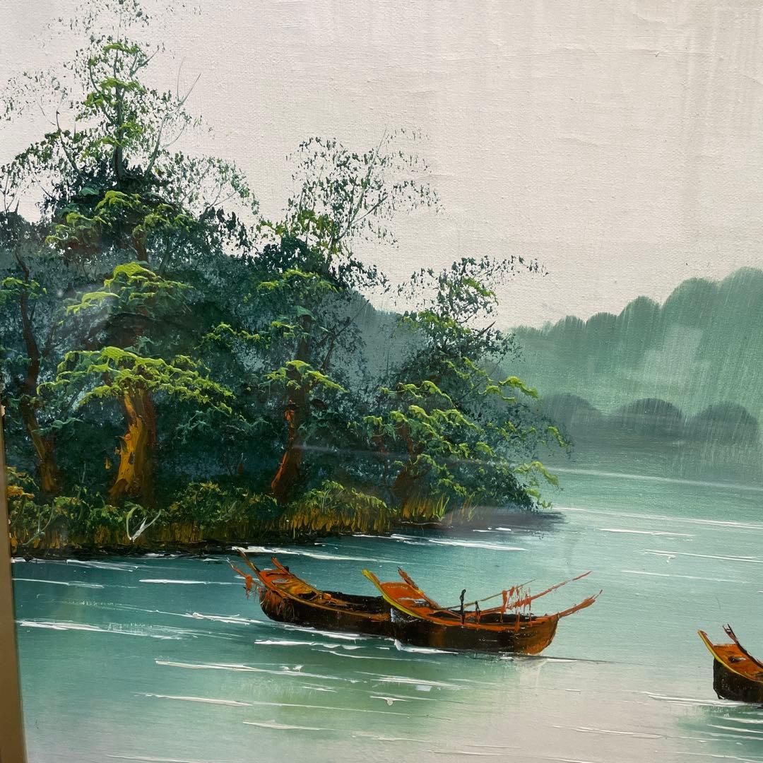 油彩画 風景（川とボート） 金色フレーム QW4371