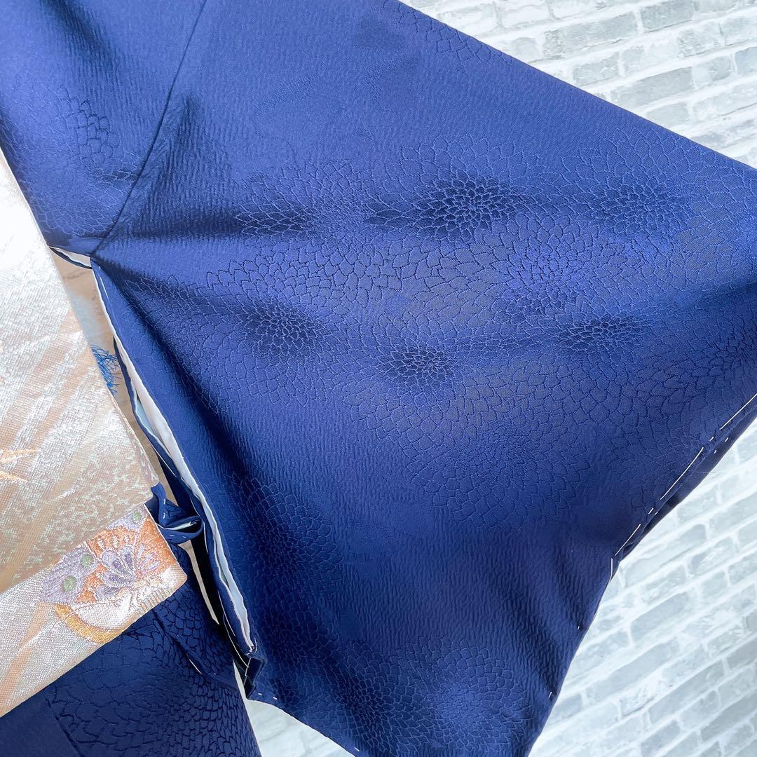 色無地　狢菊　地紋　紺色　躾糸付き　丸に片喰　シンプル　礼装　I1