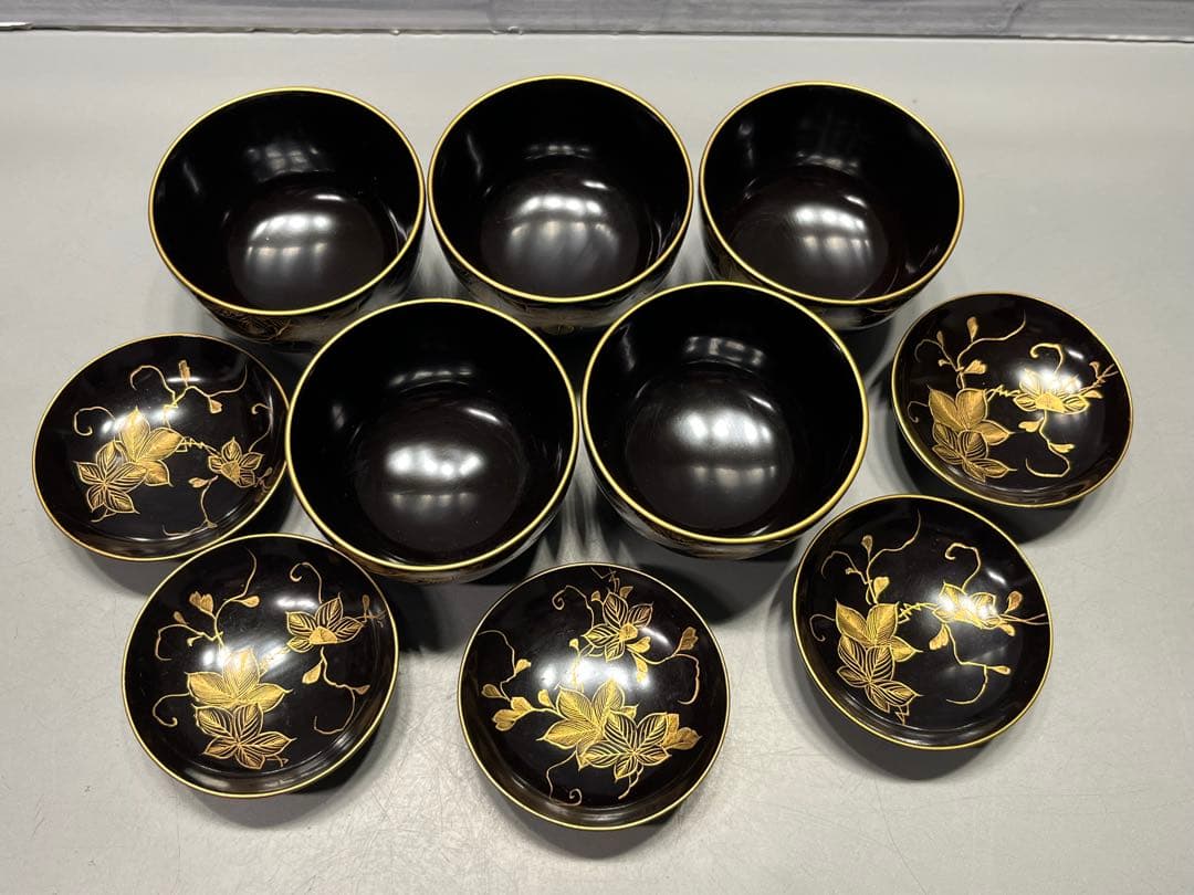 時代　極上　輪島塗　沈金蒔絵　小さな吸物椀　五客　木製