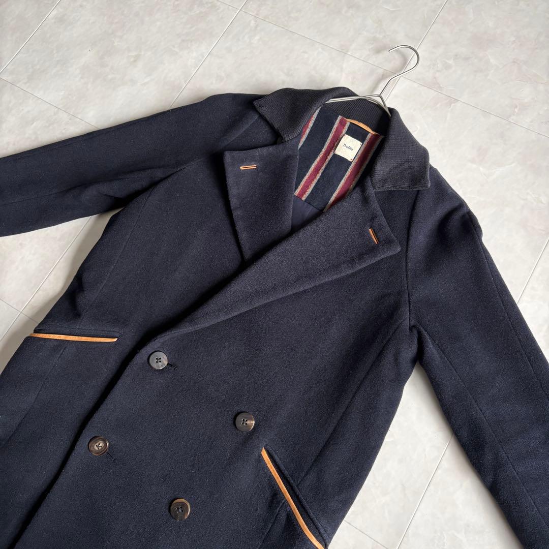 nume ダブルコート ネイビー 2 襟リブ パイピング 上品 ミドル丈