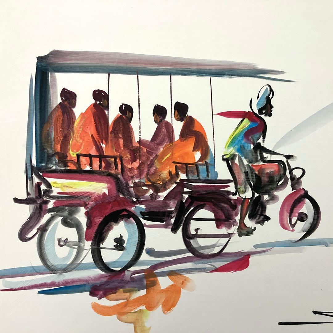 【カンボジアで購入】絵画 人力車 僧侶 アート フレーム付き