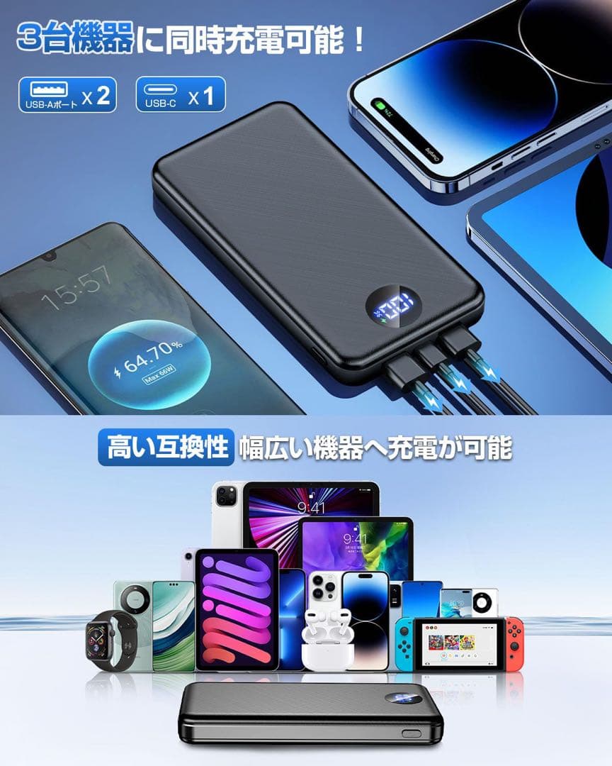 ✴️ モバイルバッテリー 40000mAh 3台同時使用可能 残量表示 高速充電