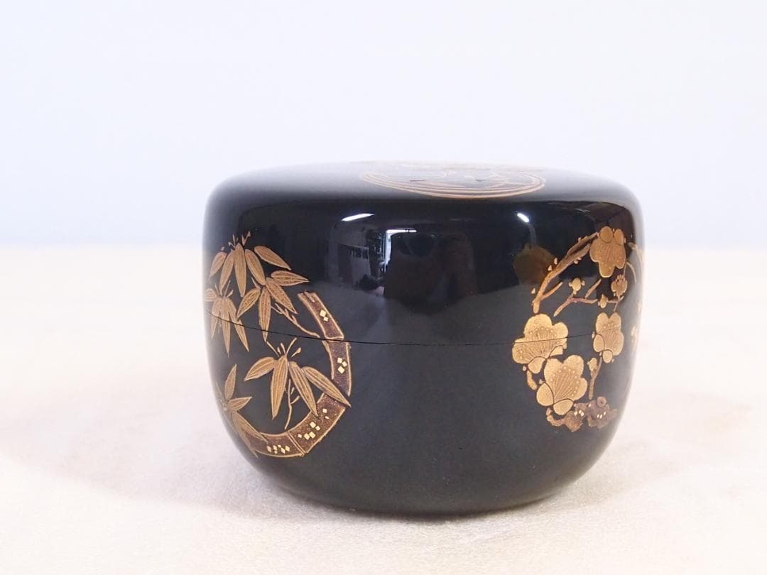 【美品】輪島塗 喜三誠志 四君子 花の丸蒔絵 平棗 薄茶器/茶入/なつめ 茶道具