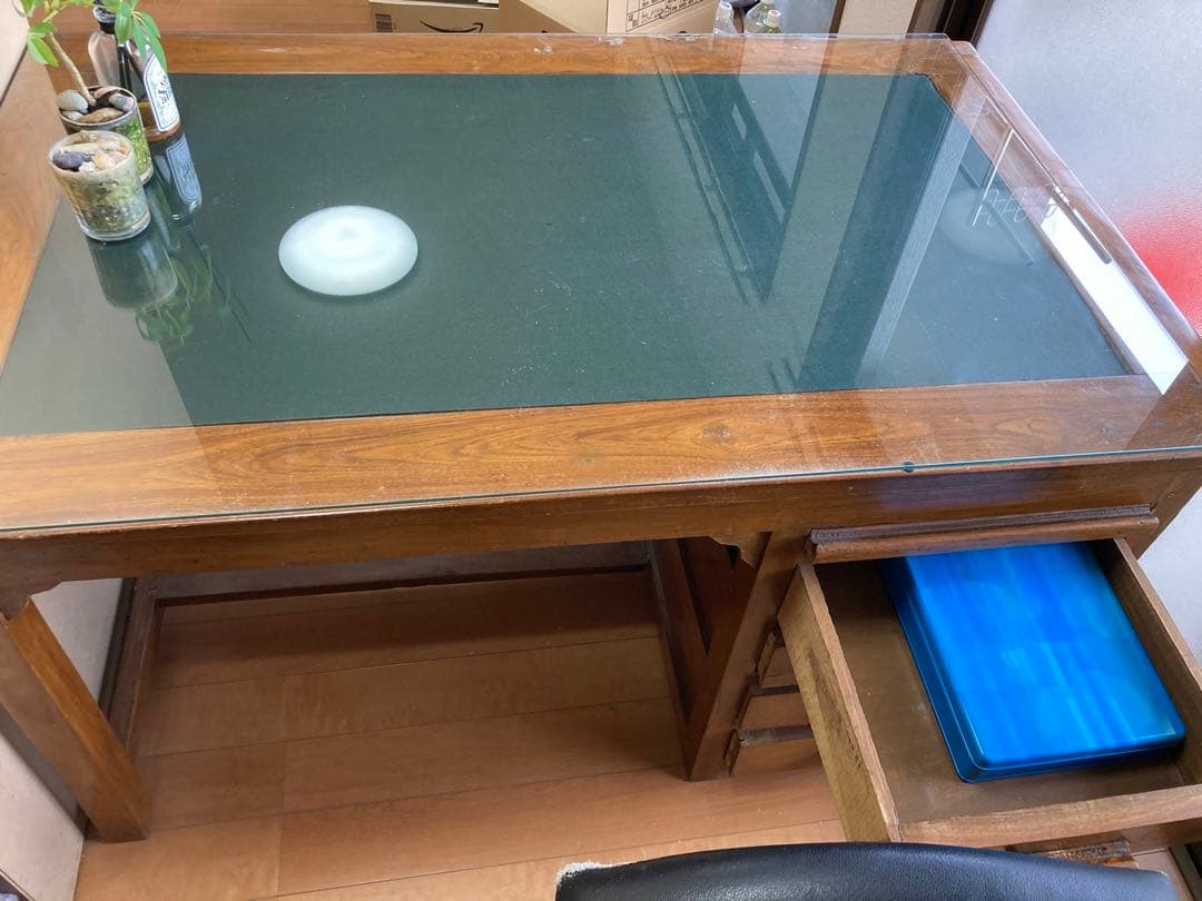 ヴィンテージ木製デスク(ガラス天板)【W122xH70xD76cm】★3月末まで