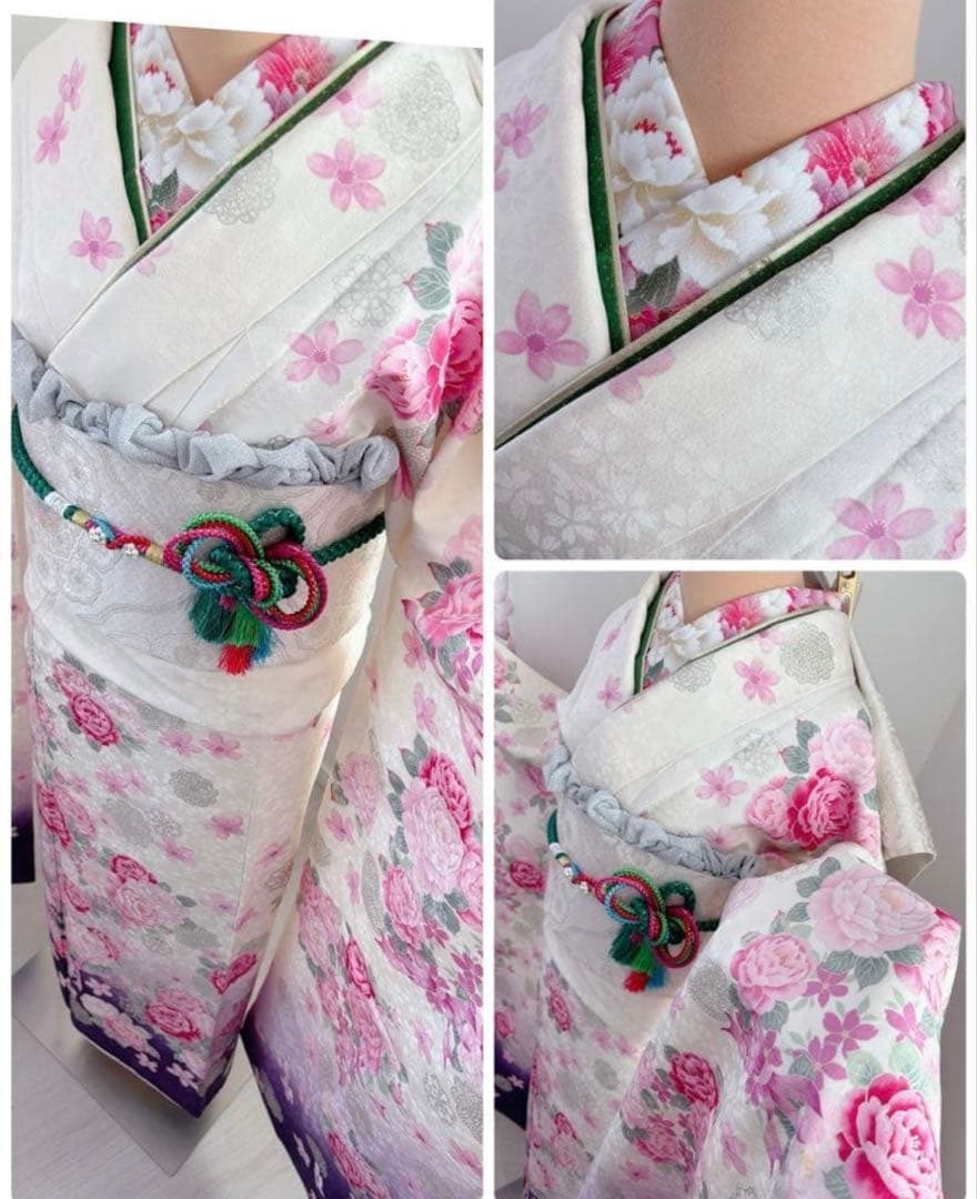 未使用に近い　正絹豪華振袖フルセット　薔薇　花柄　ホワイト　白地　成人式に