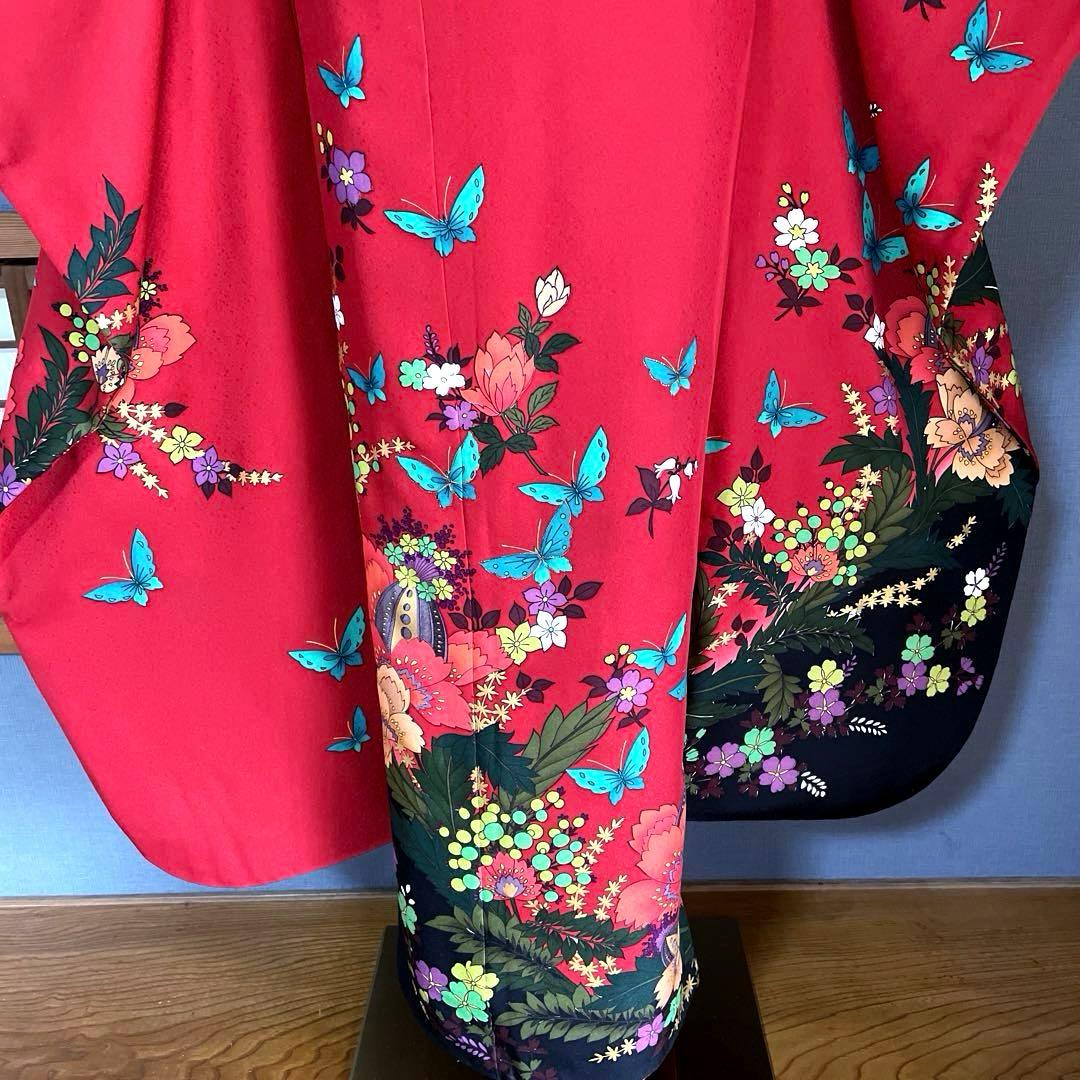 振袖フルセット　手描き友禅　成人式振袖　振袖　裄丈68 バタフライ　赤